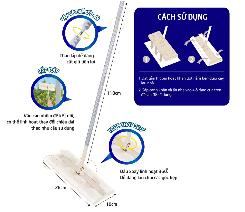  Bộ Cây Lau Nhà Đa Năng LET-GREEN (Cây Lau, Khăn Ướt Lau Sàn, Vải Hít Bụi) Đuổi Kiến, Phòng Mạt 