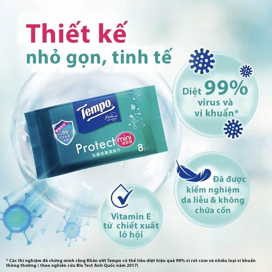  [LỐC 6 GÓI] Khăn ướt Mini Tempo Protect Ngăn Ngừa Vi Khuẩn cao cấp - Diệt khuẩn 99% - Thương hiệu Đức 
