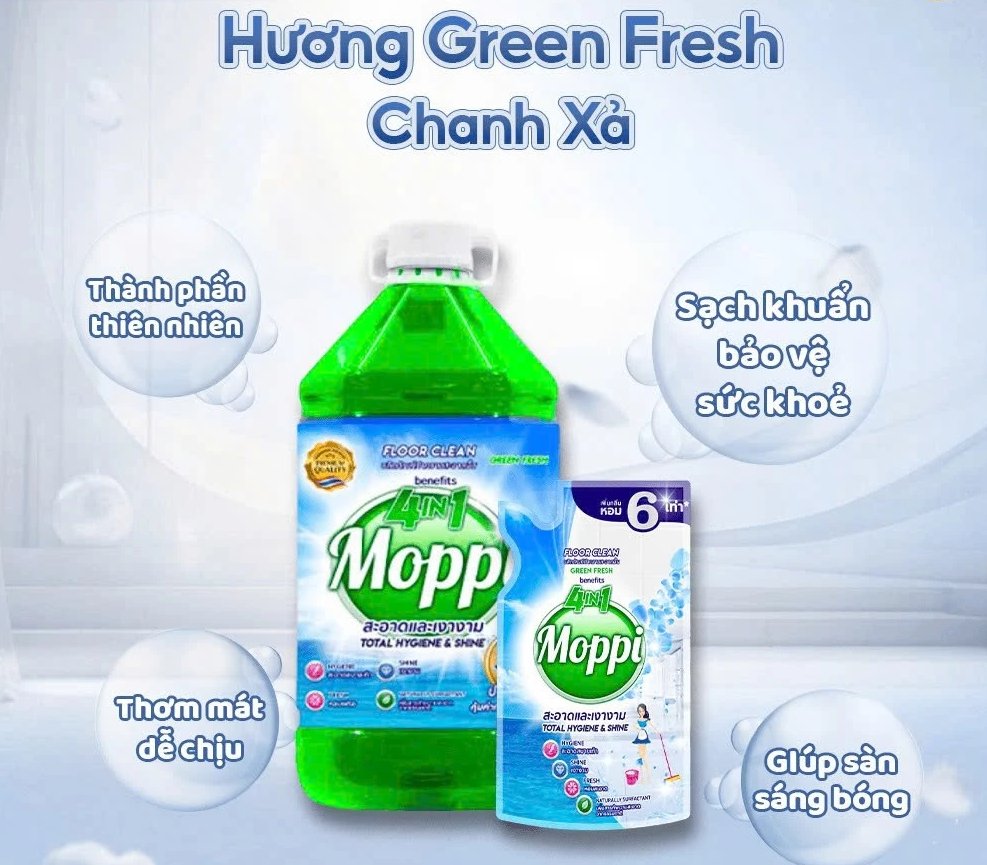  Nước Lau Sàn MOPPI BENEFITS 4in1 - Sạch Khuẩn, Sáng Bóng, Thơm Lâu, Chiết Xuất Thiên Nhiên Túi 600ml 