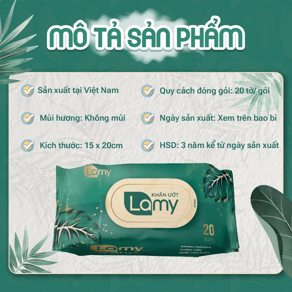  Khăn ướt Lamy gói 20 tờ không mùi không cồn không parabens cao cấp an toàn dành cho bé 
