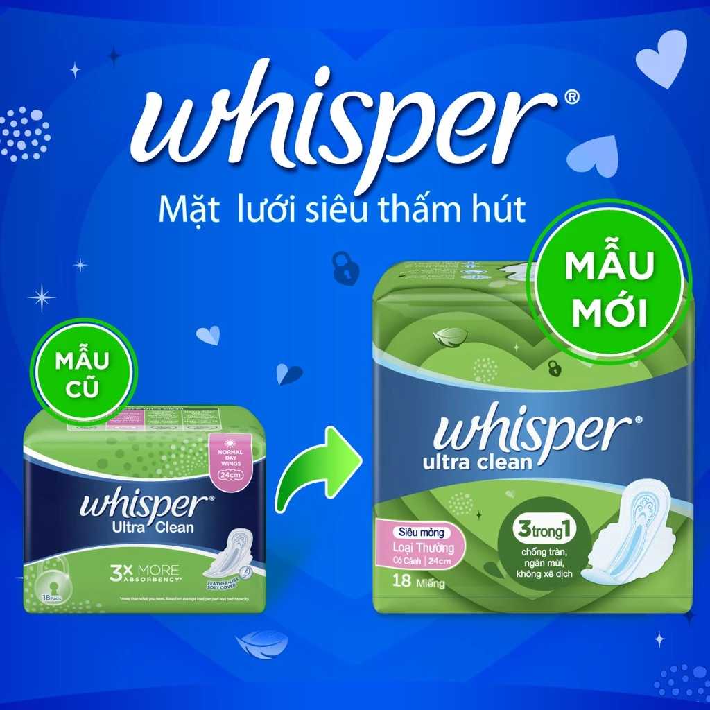  Băng Vệ Sinh WHISPER Ultra CLean Mặt Lưới Cho Ngày Thường 24cm - Gói 10-18 Miếng 
