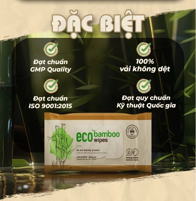  Khăn ướt vải sợi tre kháng khuẩn EcoBamboo EcoWipes gói 20 tờ không mùi 
