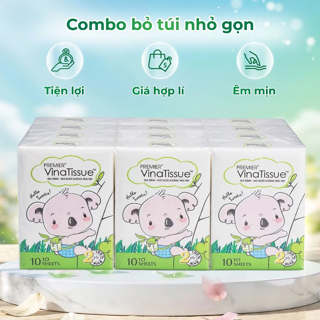  Khăn giấy bỏ túi đa năng PREMIER VinaTissue, 2 lớp - 100% bột giấy nguyên sinh, không chất tẩy 12 gói/lốc 