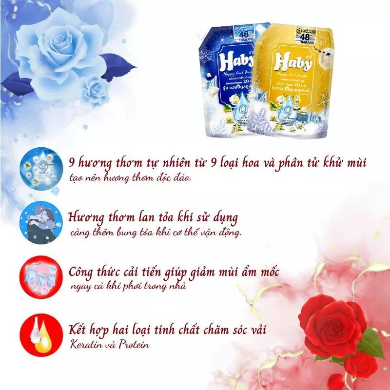  Nước Xả Vải HABY Nội Địa Thái Lan Hương Nước Hoa - Đậm đặc, Lưu hương, Khử mùi ẩm mốc, Mềm vải Dây 12 Gói 
