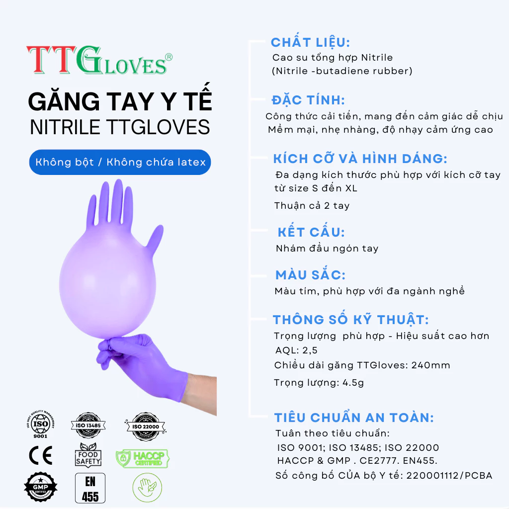  Găng Tay Cao Su Y Tế Màu Tím Nitrile Không Bột TTGloves 4.5g (Hộp 100 chiếc) Spa, Thủy Sản, Lột Tôm 