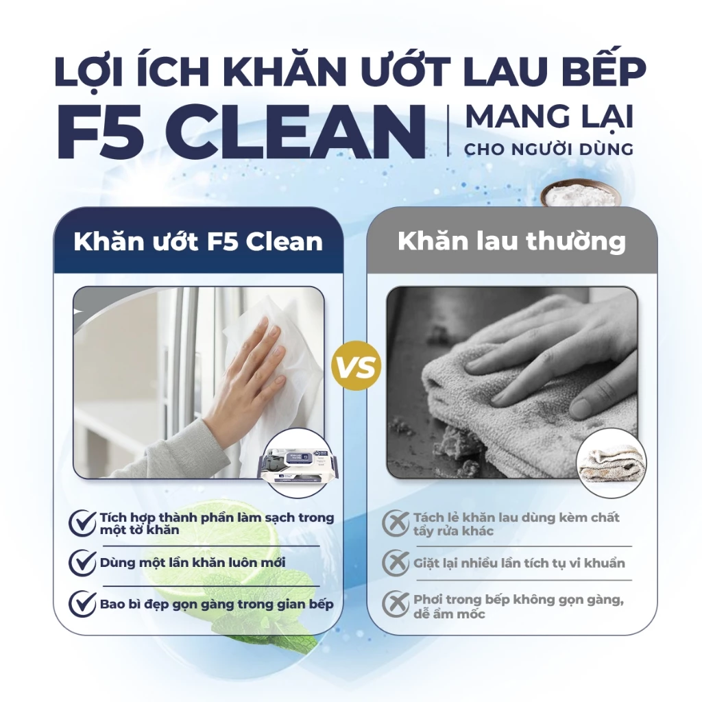  Khăn ướt lau bếp 80 tờ F5 Clean sạch mùi bếp khó chịu, an toàn cho da tay và không để lại chất tồn dư 