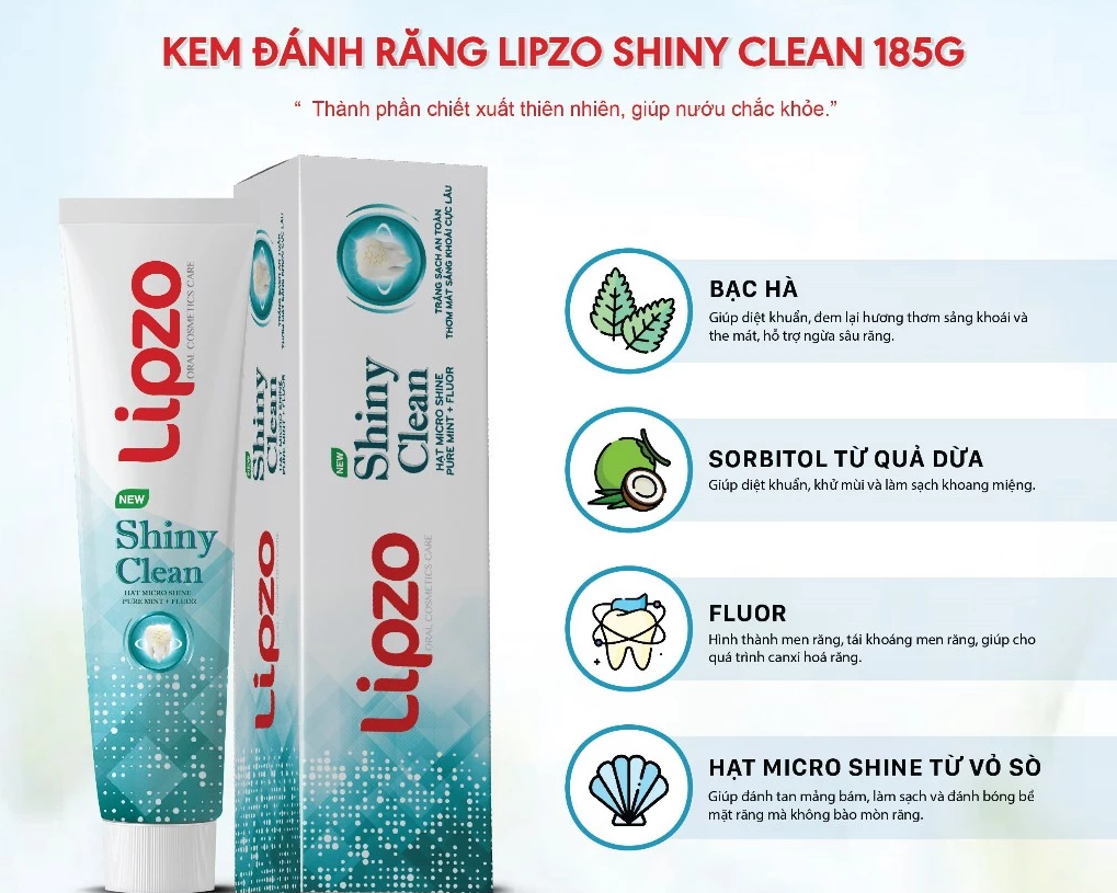  Kem Đánh Răng Lipzo Shiny Clean 185g Hương Bạc Hà Mát Lạnh, Diệt Khuẩn, Làm Sạch Từ Vỏ Sò Biển 