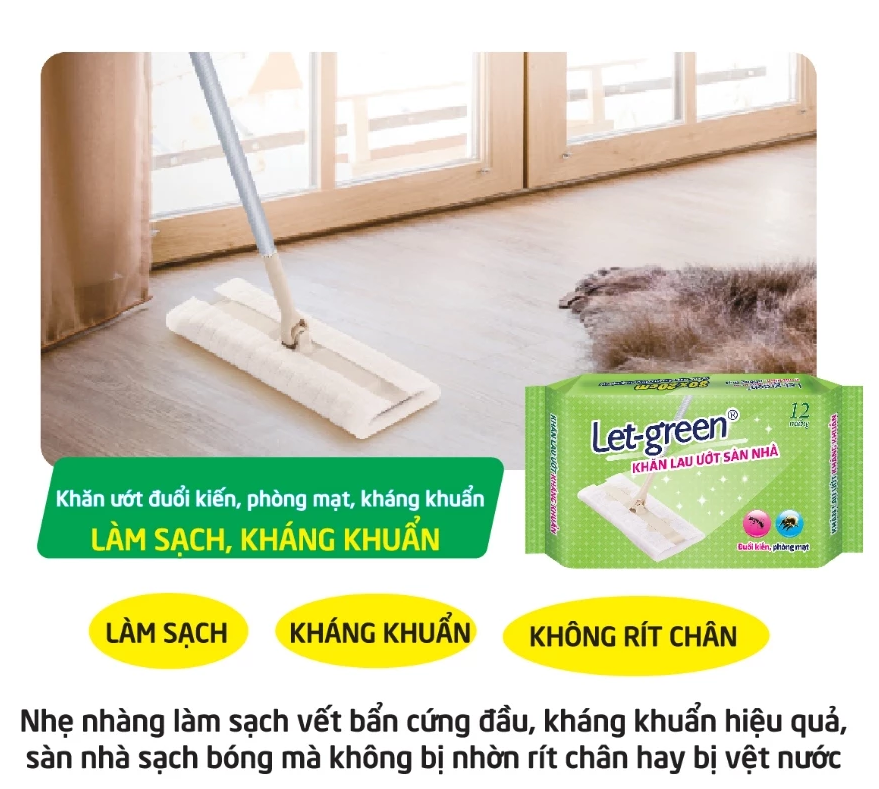  Khăn Ướt Lau Sàn Nhà LET-GREEN - Kháng khuẩn, Đuổi Kiến, Phòng Mạt, 12 Tờ/Bao 