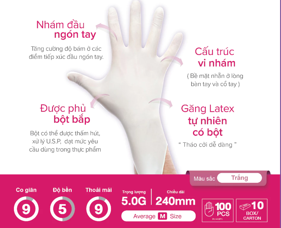  Găng tay cao su y tế Latex Có Bột Sgloves PREMIUM 5.0g 100 chiếc/hộp 
