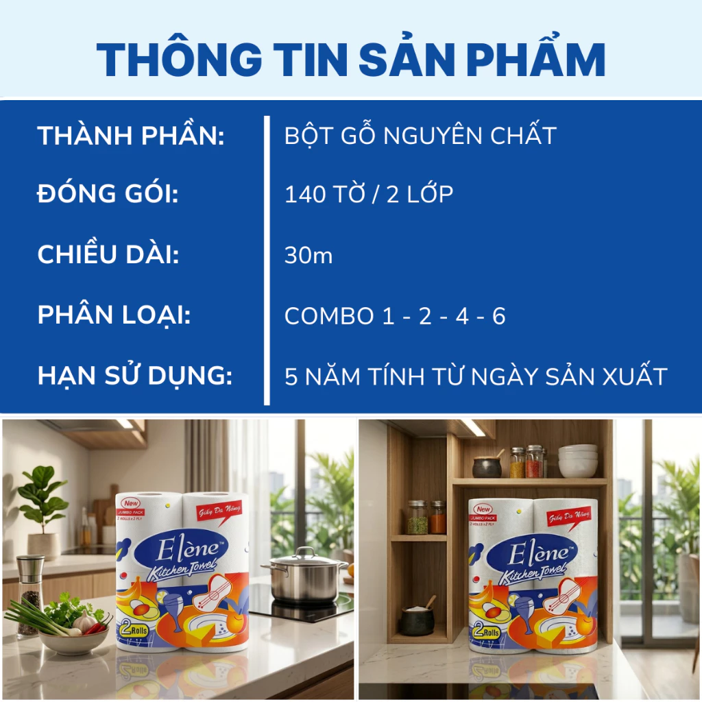  Giấy Lau Bếp Thấm Dầu Đa Năng Elene Tiện Lợi, Đa Năng, Tiết Kiệm - Túi 2 cuộn, 2 lớp, dài 30M 