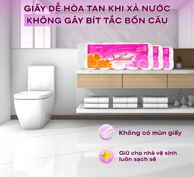  Giấy vệ sinh Silkwell Tím cao cấp 10 cuộn 3 lớp có lõi siêu mềm mịn không tẩy trắng 