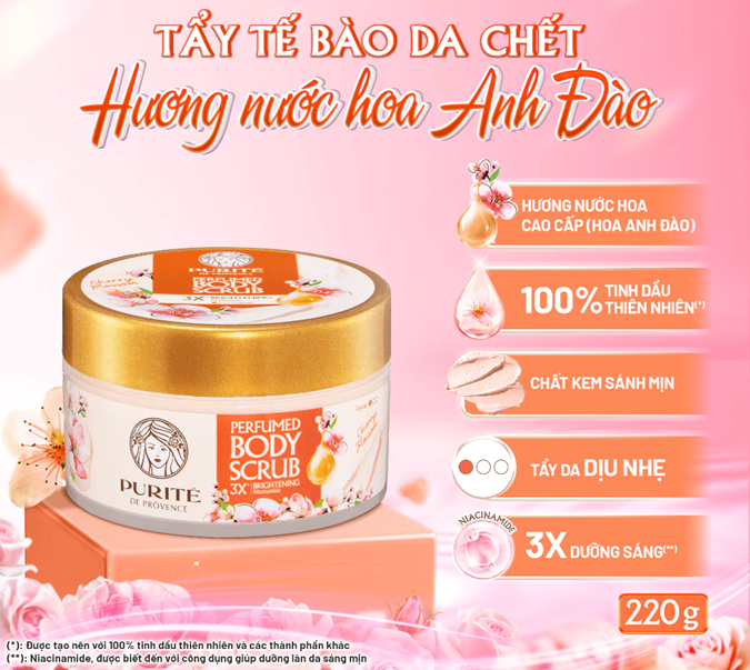  Tẩy Tế Bào Da Chết Dưỡng Sáng PURITÉ Hương Nước Hoa Hoa Anh Đào/ Hoa Hồng 220G 