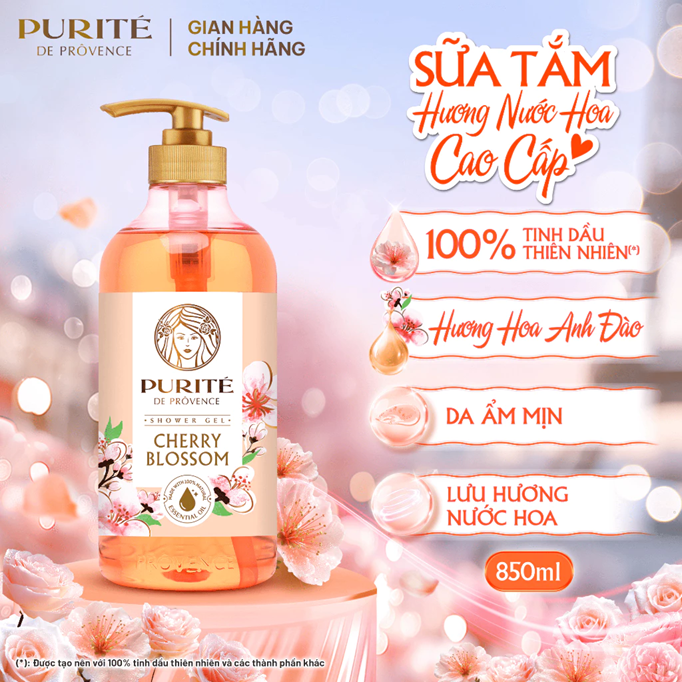  Sữa Tắm Thiên Nhiên PURITÉ Hương Hoa Anh Đào/Hoa Hồng/Hoa Oải Hương/Hoa Mẫu Đơn/Tinh Dầu Thơm 850ML - 1.1L - 1.4L 