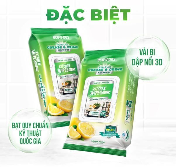  Khăn ướt lau bếp cao cấp Kitchen EcoWipes gói 42 tờ size lớn hương chanh 