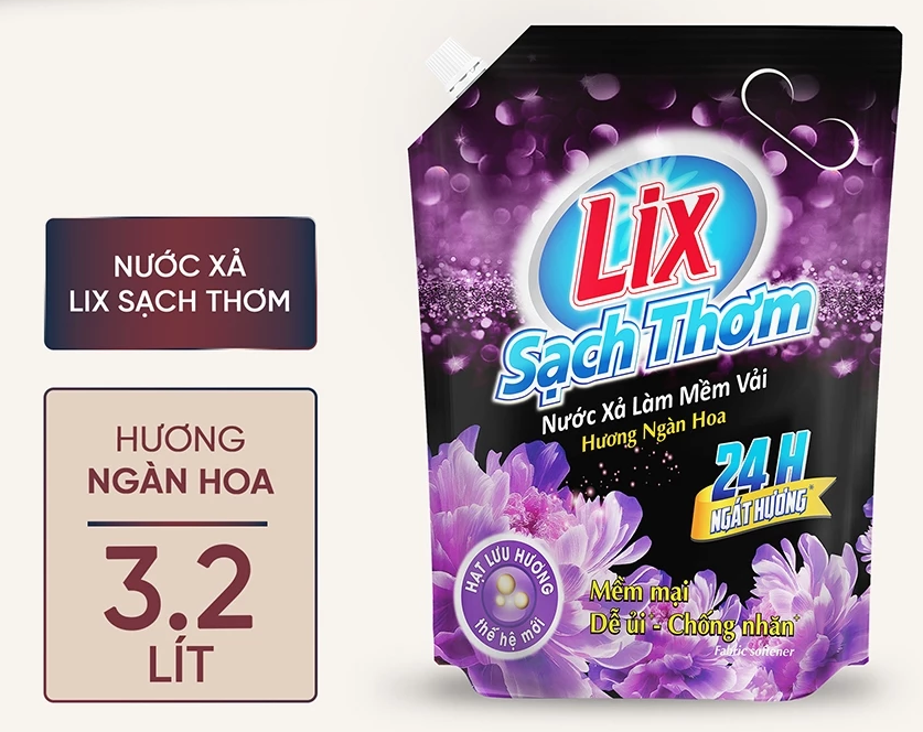  Nước xả làm mềm vải Lix sạch thơm hương ngàn hoa túi 1,8/ 2,2/ 3,2L 
