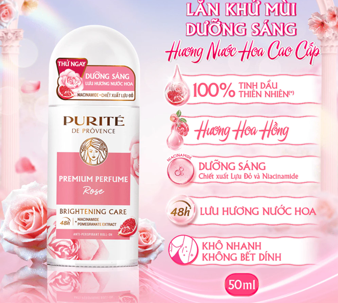  Lăn Khử Mùi Dưỡng Sáng PURITÉ Hương Nước Hoa Cao Cấp Hoa Anh Đào/Hoa Hồng/Hoa Mẫu Đơn 50ML 