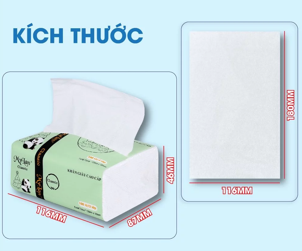  Khăn Giấy Rút MyLan Gấu Trúc Cao Cấp 3 Lớp Mềm Dai Không Bụi Giấy 100 Tờ/Gói 116x180mm 