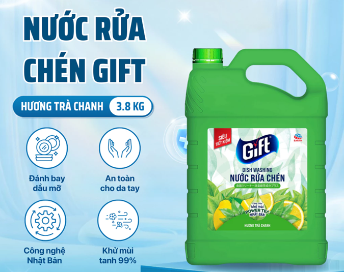  Nước Rửa Chén Gift Khử Mùi Tanh Khó Chịu – Hương Chanh/Trà Chanh, Chai 800ml/Túi 3.6kg/Can 3.8kg 