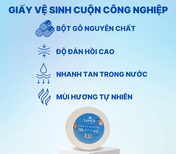  Giấy Vệ Sinh Cuộn Lớn Công Nghiệp Lency - Elene 700 Gram - 2 Lớp, Mềm Mịn, Có Lõi 