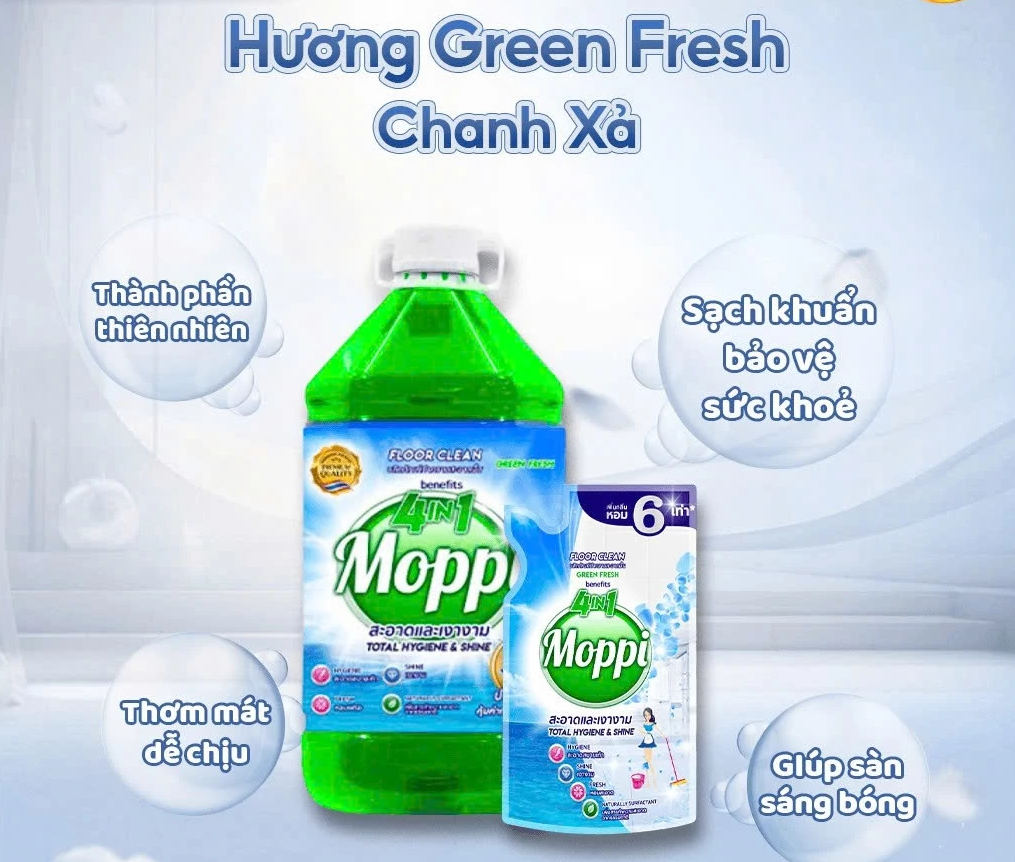  Nước Lau Sàn Moppi Benefits 4 IN 1 Sạch Khuẩn, Sáng Bóng, Thơm Lâu Gấp 6 Lần, Chiết Xuất Thiên Nhiên 5200ml 
