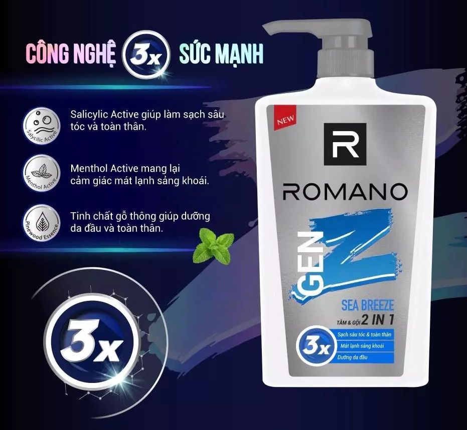  Tắm gội cho nam 2in1 Romano Gen Z hương Sea Breeze/ Forest Cedar 900g/ chai 