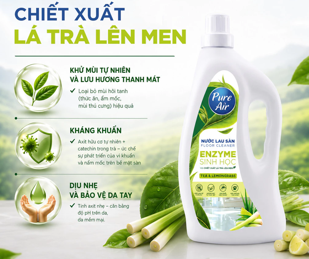  Nước Lau Sàn Enzyme Sinh Học Pure Air 1.1-2.3L Hỗ Trợ Làm Sạch Khử Mùi, Mang Lại Không Gian Sạch Sẽ, Thoáng Mát 