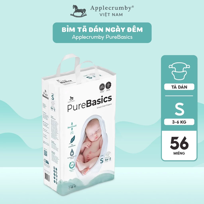  Bỉm tã dán ngày đêm Applecrumby Purebasics Diapers Tape size S - XL co giãn thoải mái 
