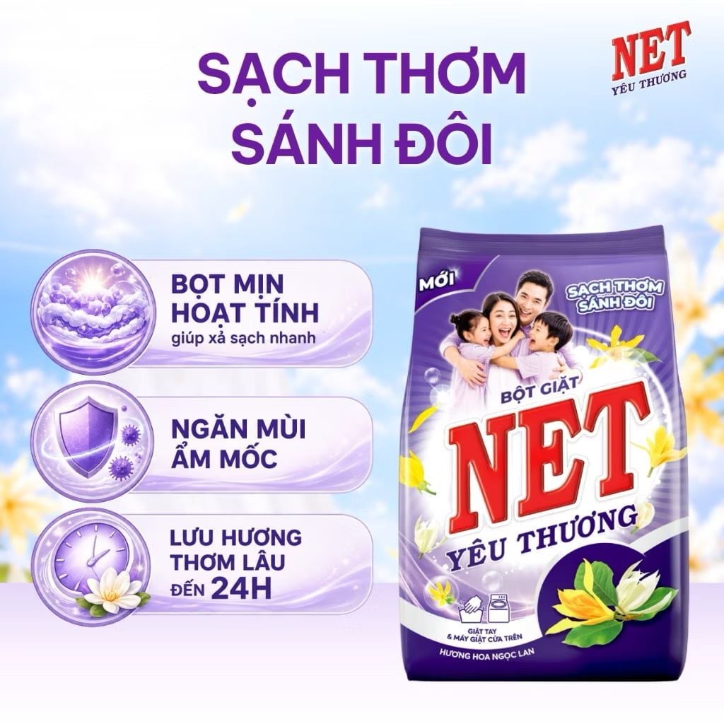  Combo bột giặt NET yêu thương hương hoa Ngọc Lan 2.4kg + nước rửa chén NET yêu thương đậm đặc hương Chanh tươi mát 250g 