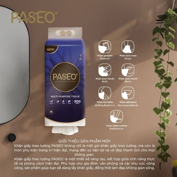  Khăn Giấy Rút Treo Tường PASEO Đa Năng Tiết Kiệm Không Gian Mềm Mịn 300 tờ (4 Lớp) 