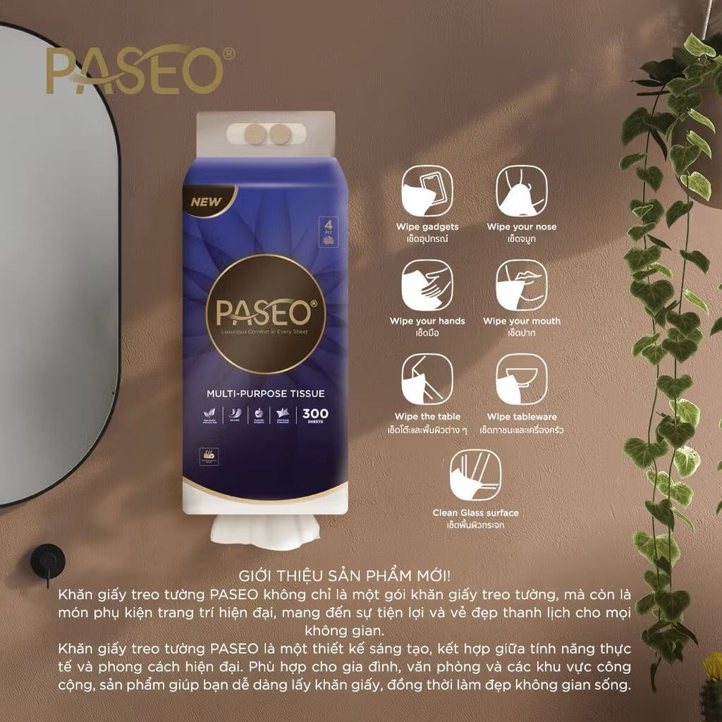  Khăn Giấy Rút Treo Tường PASEO Đa Năng Tiết Kiệm Không Gian Mềm Mịn 300 tờ (4 Lớp) 