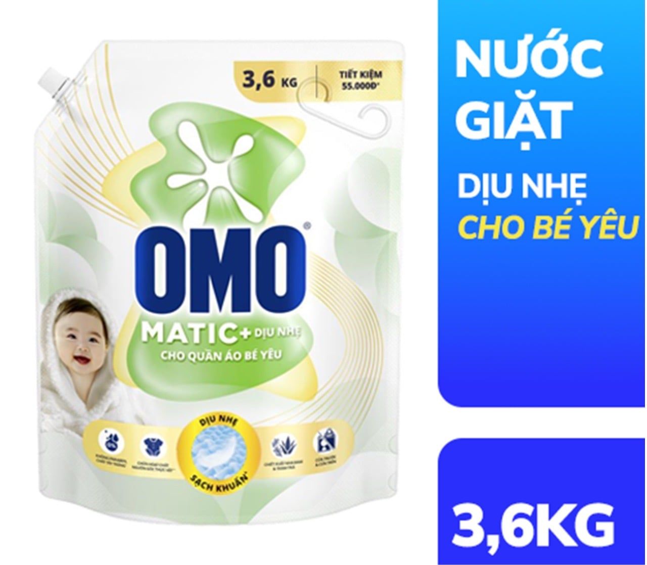  Nước Giặt Omo Matic Dịu Nhẹ Cho Bé Túi 3.6 kg Chiết Xuất Tràm Trà Và Nha Đam 