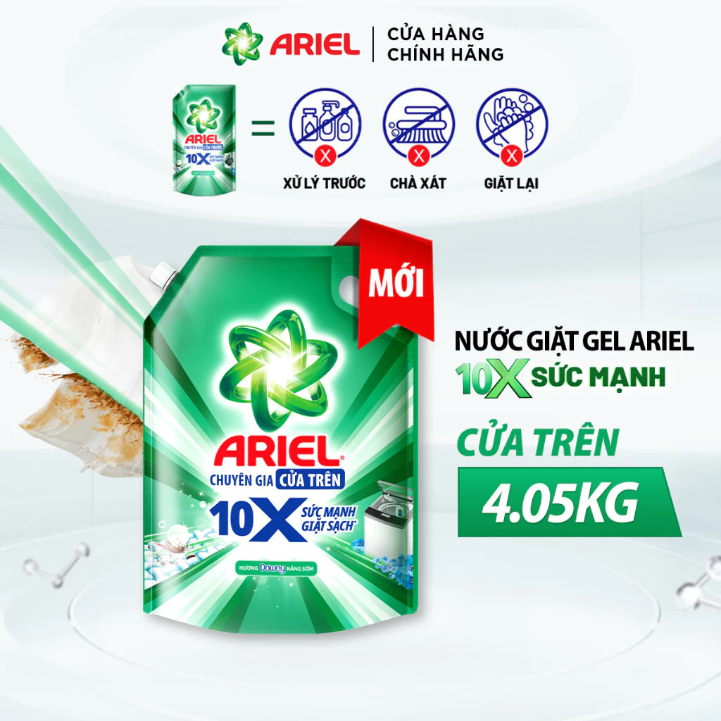  Nước Giặt Gel ARIEL 10X Sức Mạnh Giặt Sạch Chuyên Gia Cửa Trước - Cửa Trên Hương Downy Nắng Sớm Túi 1.37 - 4.05KG 