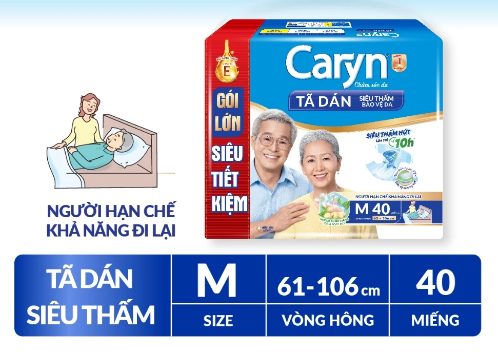  Tã/Bỉm dán người lớn siêu thấm Caryn dành cho người hạn chế khả năng đi lại Size M (10/20/40pcs) 