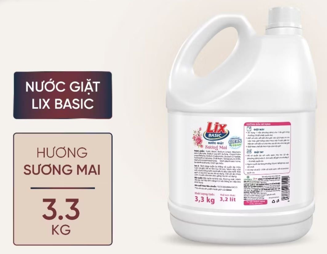  Nước giặt Lix Basic hương Nắng mai túi 3.1kg - can 3.3kg 