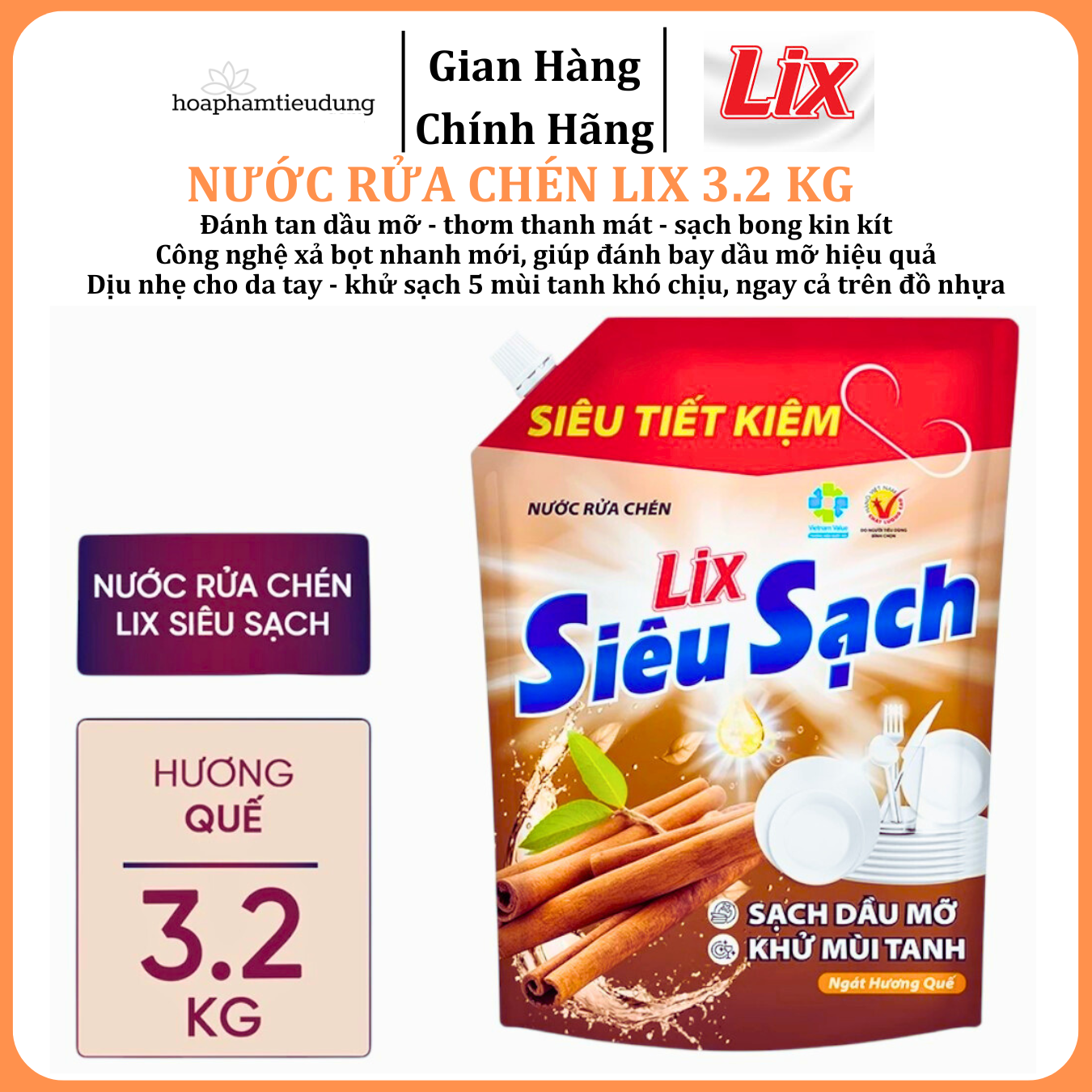  Nước rửa chén LIX 3.2 KG siêu sạch các hương loại túi làm sạch vết bẩn dầu mỡ không hại da tay 