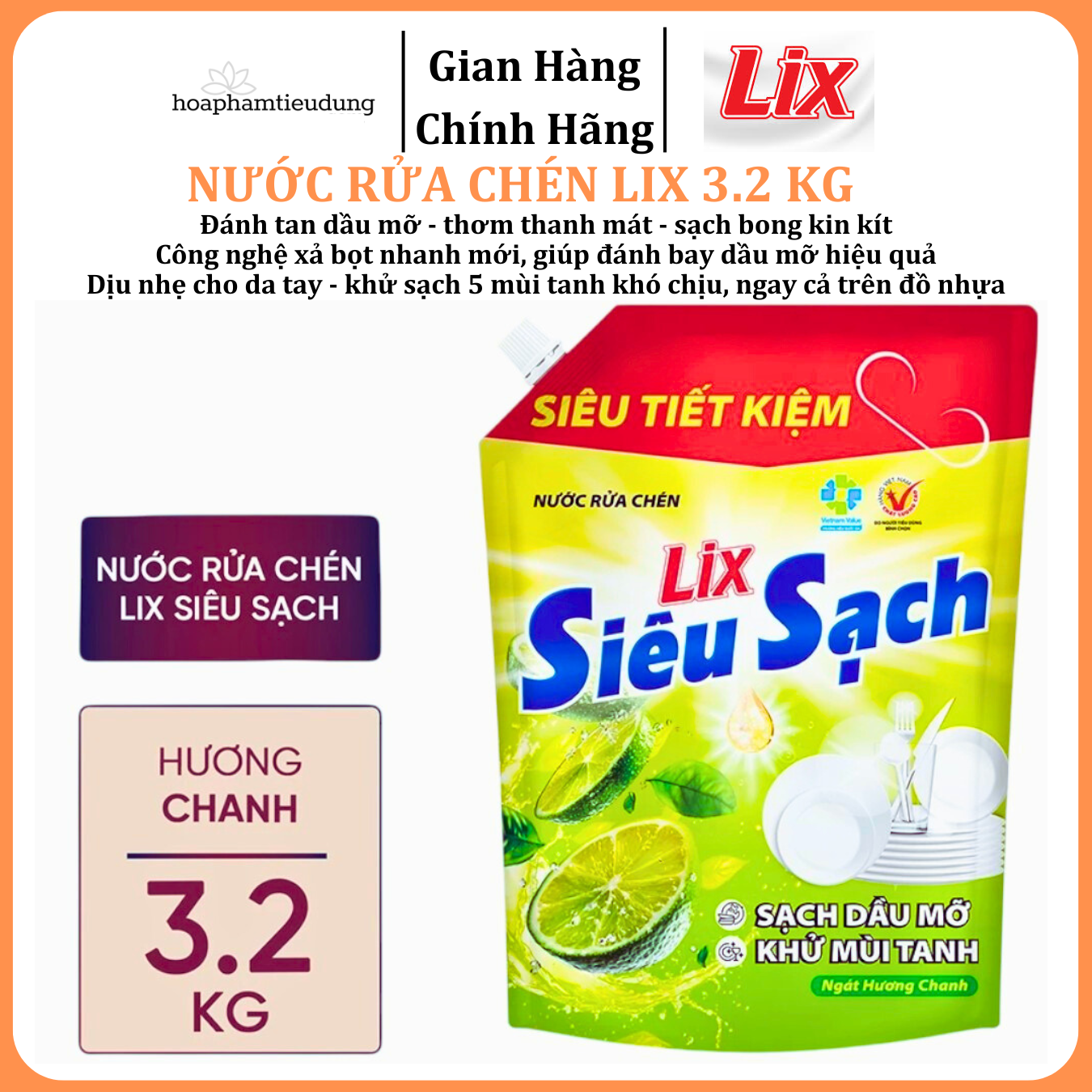  Nước rửa chén LIX 3.2 KG siêu sạch các hương loại túi làm sạch vết bẩn dầu mỡ không hại da tay 