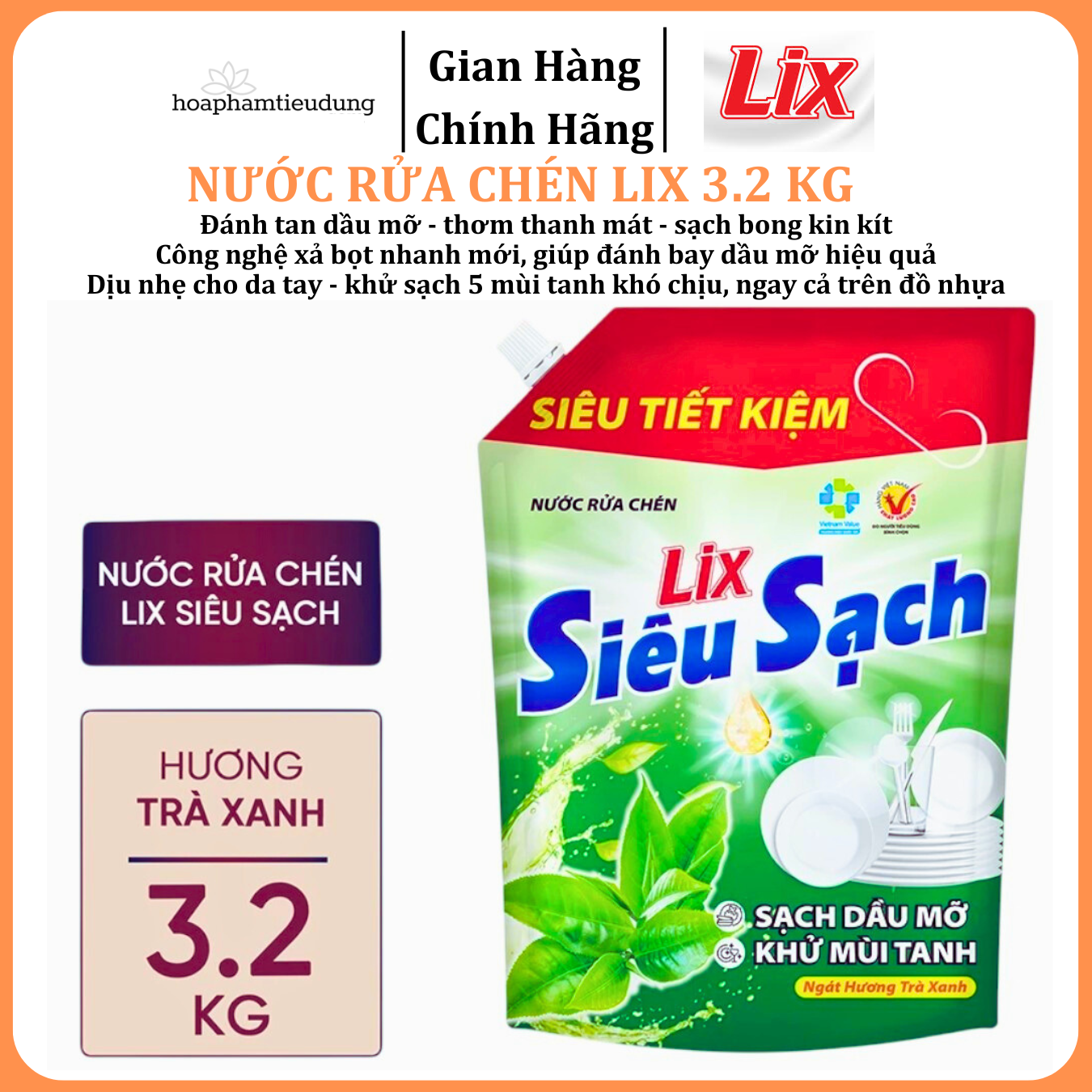  Nước rửa chén LIX 3.2 KG siêu sạch các hương loại túi làm sạch vết bẩn dầu mỡ không hại da tay 