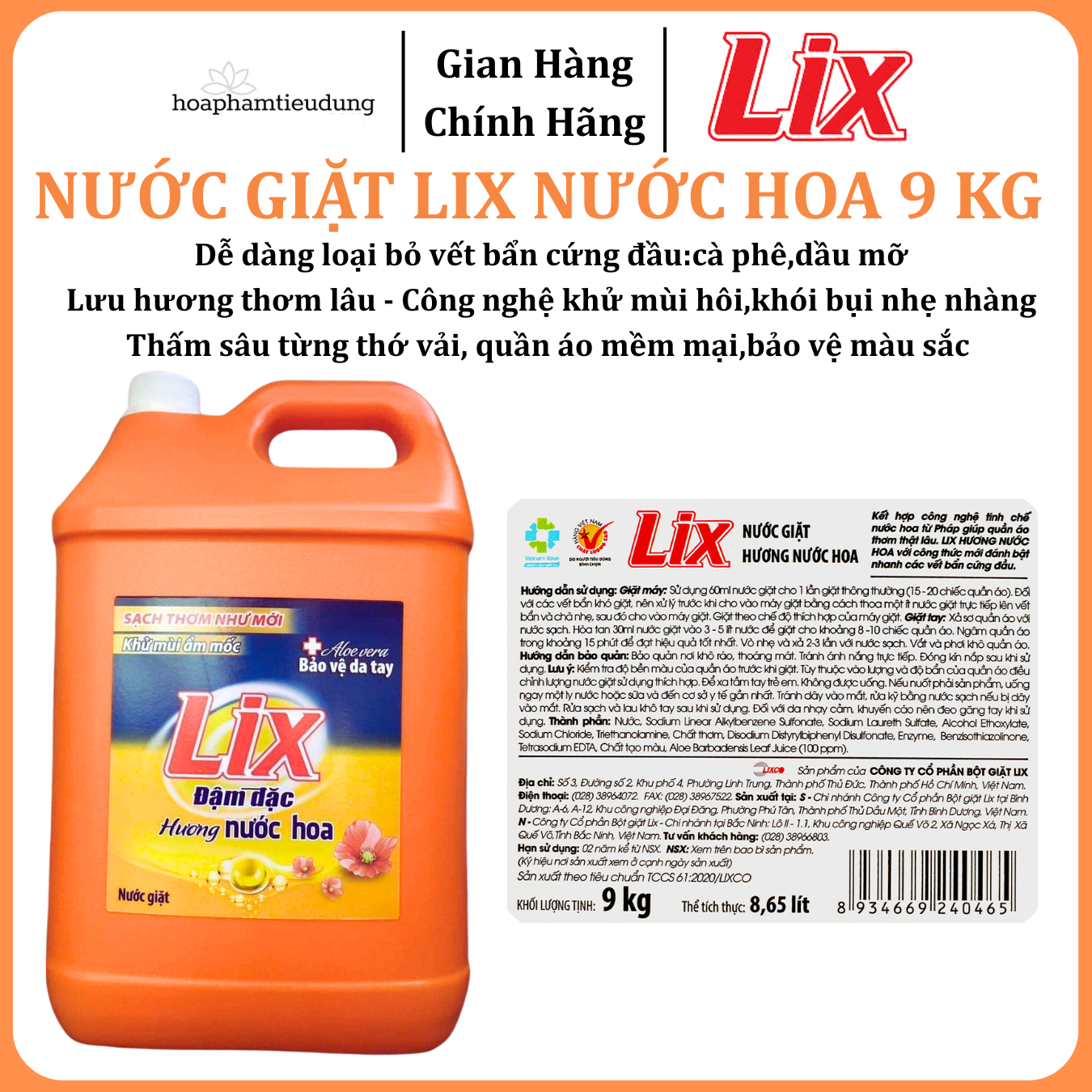  Nước giặt LIX Đậm Đặc Hương Nước Hoa 9 Kg Làm Sạch Cực Nhanh Vết Bẩn 