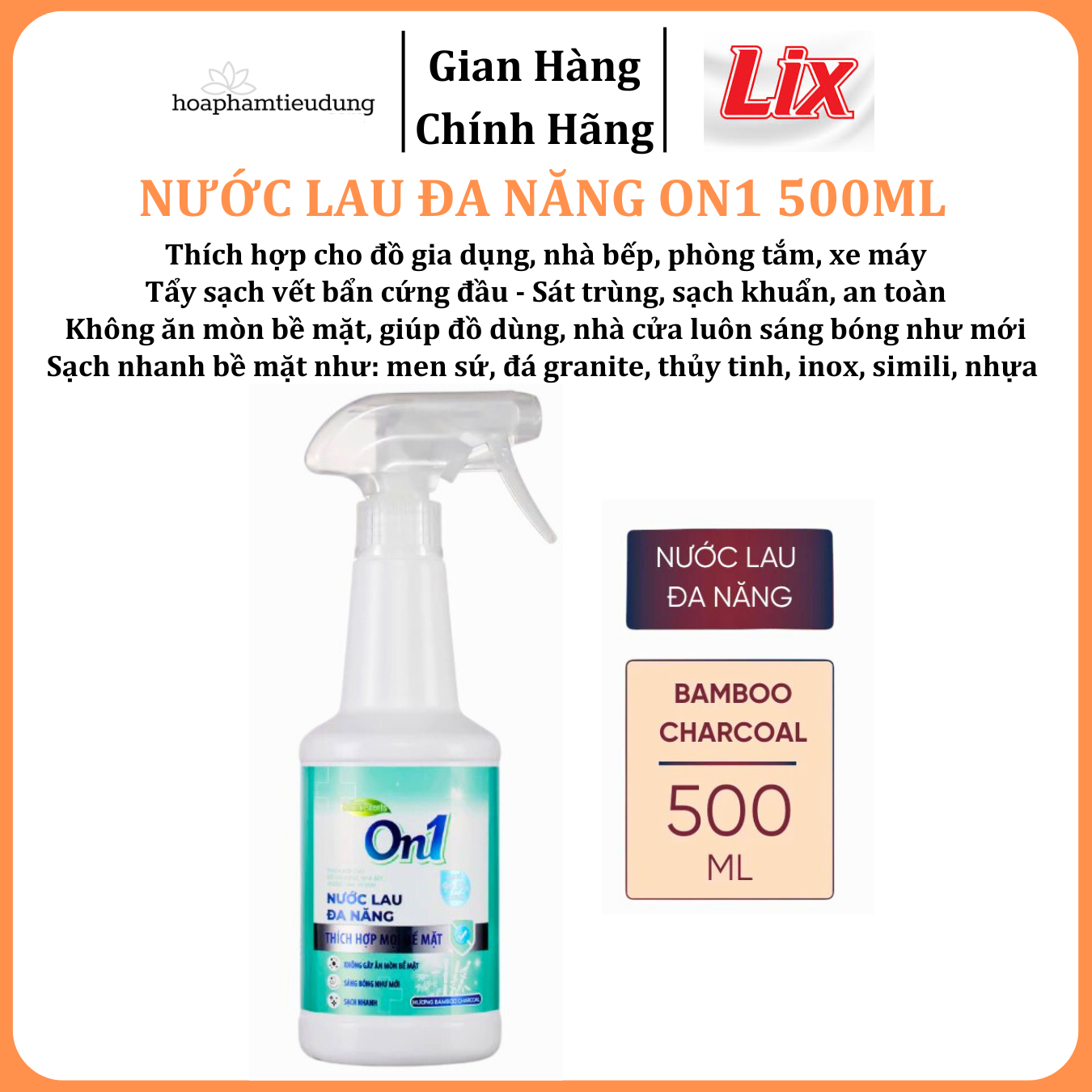  Nước lau đa năng On1 hương Bambo charcoal chai 500ml giúp sạch nhanh bề mặt, sáng bóng như mới 