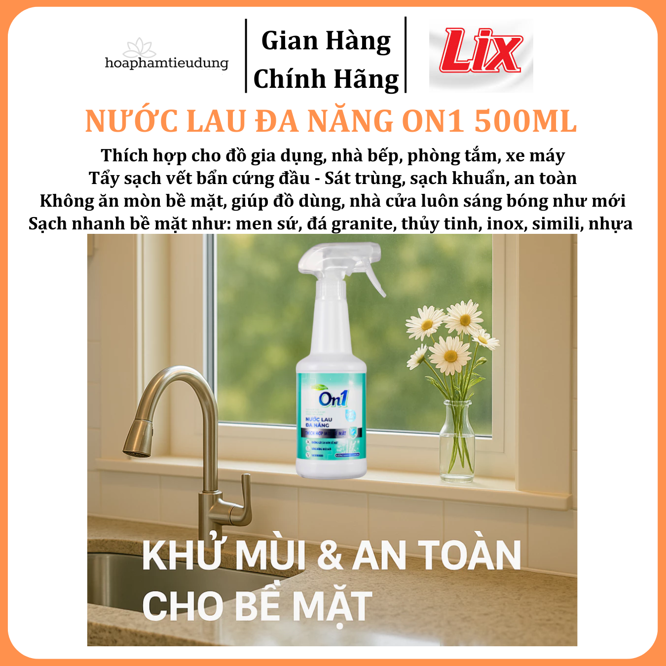 Nước lau đa năng On1 hương Bambo charcoal chai 500ml giúp sạch nhanh bề mặt, sáng bóng như mới 