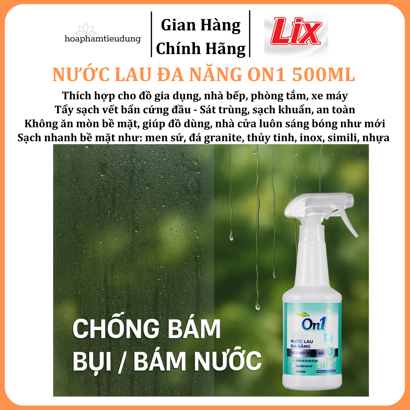  Nước lau đa năng On1 hương Bambo charcoal chai 500ml giúp sạch nhanh bề mặt, sáng bóng như mới 