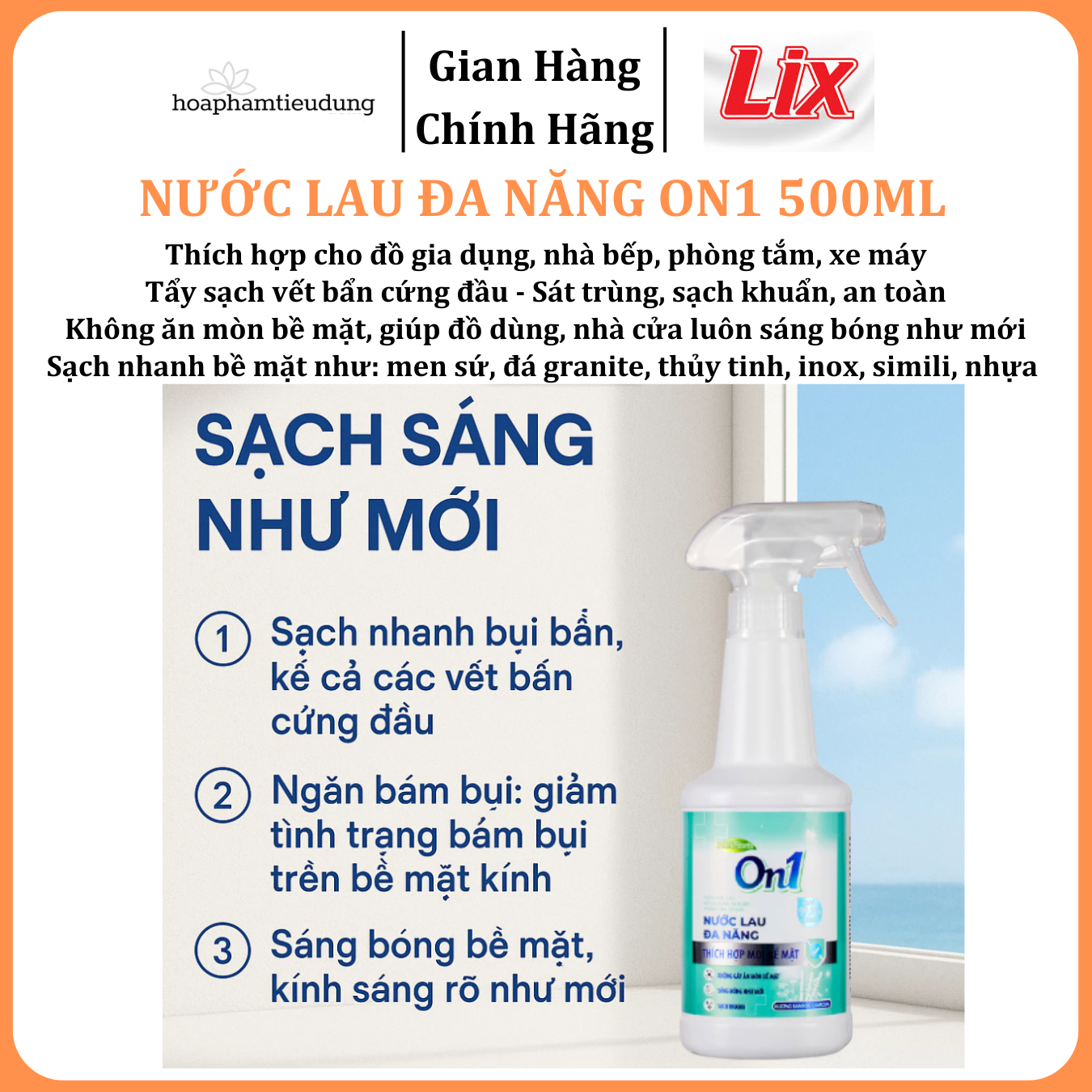  Nước lau đa năng On1 hương Bambo charcoal chai 500ml giúp sạch nhanh bề mặt, sáng bóng như mới 