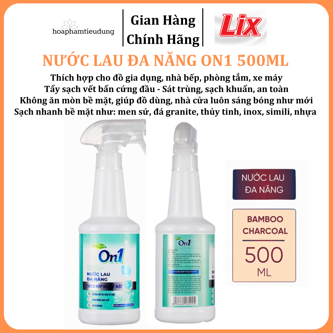  Nước lau đa năng On1 hương Bambo charcoal chai 500ml giúp sạch nhanh bề mặt, sáng bóng như mới 