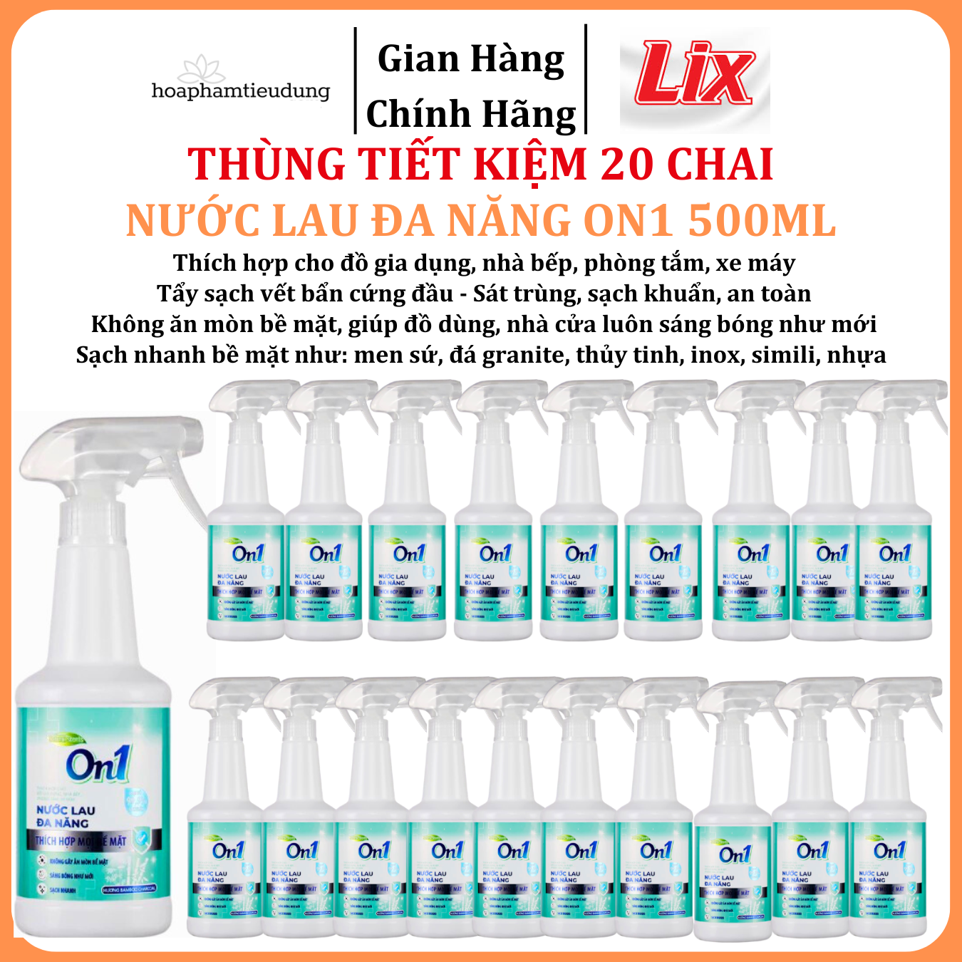  Nước lau đa năng On1 hương Bambo charcoal chai 500ml giúp sạch nhanh bề mặt, sáng bóng như mới 