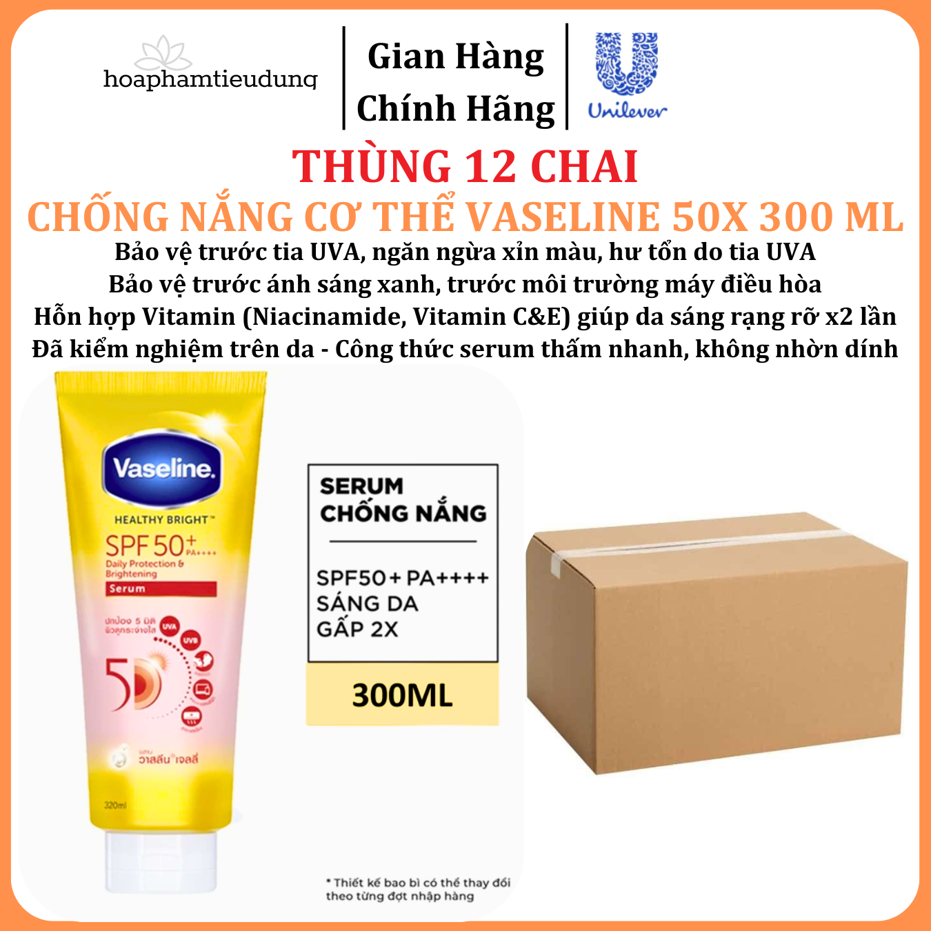  Chống nắng cơ thể Vaseline 50x bảo vệ da với SPF 50+ PA++++ giúp da sáng hơn gấp 2X 300ml 