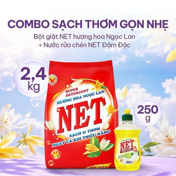  Bột giặt NET hương hoa Ngọc Lan bịch x 2.4kg + nước rửa chén NET đậm đặc hương Chanh chai x 250gr 