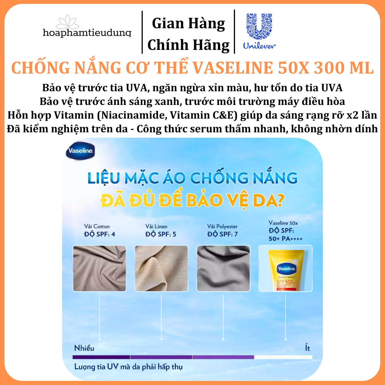  Chống nắng cơ thể Vaseline 50x bảo vệ da với SPF 50+ PA++++ giúp da sáng hơn gấp 2X 300ml 