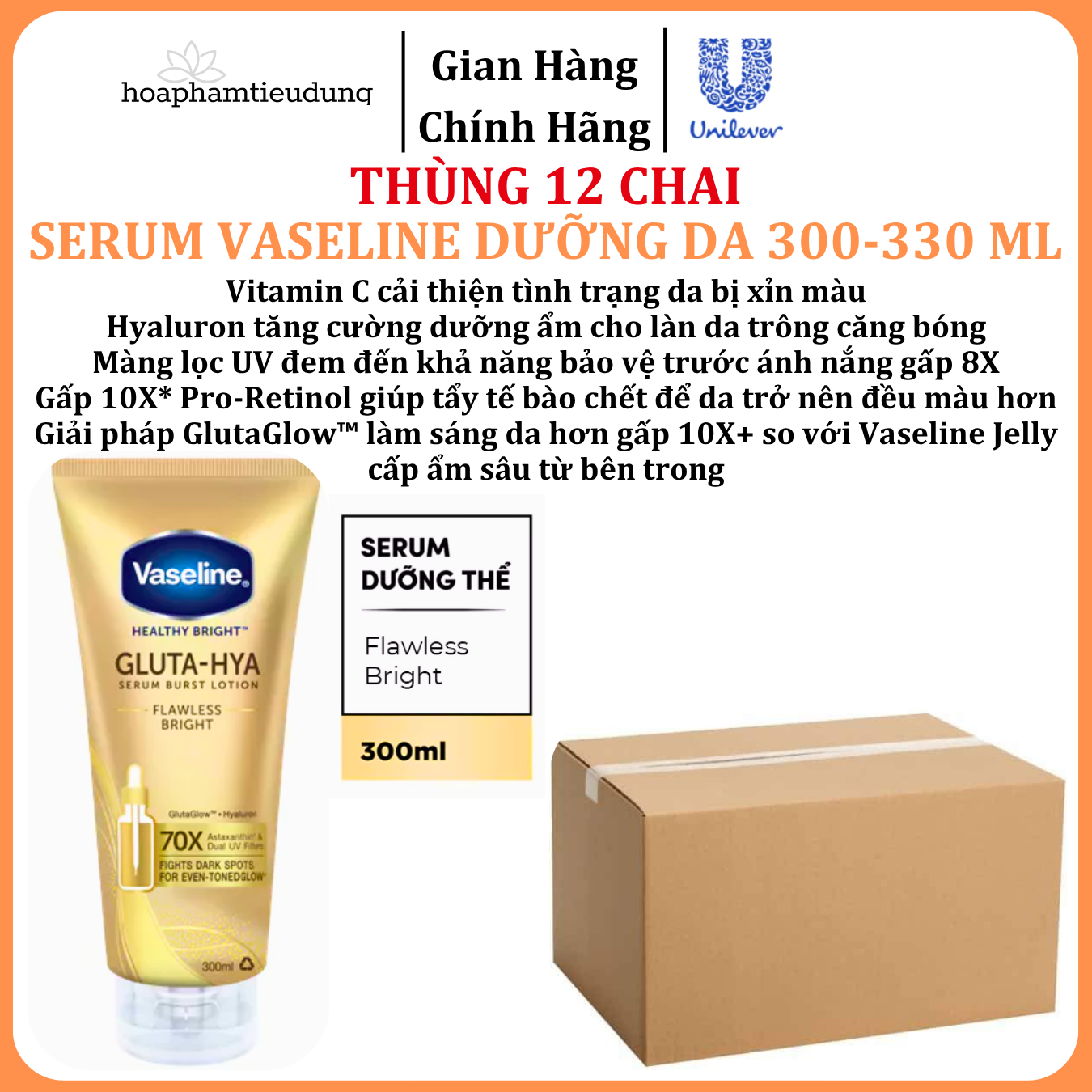  Serum Vaseline Gluta-Hya Dưỡng Da Sáng Mịn Sau 7 Ngày 300-330 ML 