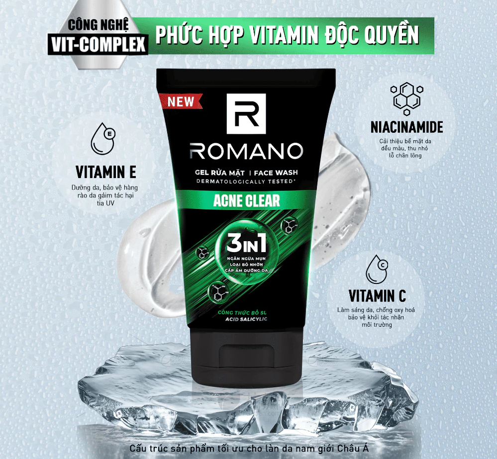  Sữa rửa mặt Romano đa tác dụng dành cho nam giới 100g: Cấp ẩm, Loại bỏ nhờn, Sáng da/Ngừa mụn/Làm sạch sâu 