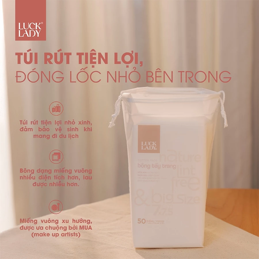  Túi bông tẩy trang Luck Lady cao cấp dạng túi rút nhỏ gọn mang đi du lịch 50 miếng/túi, kích thước bông 7x7,5cm 